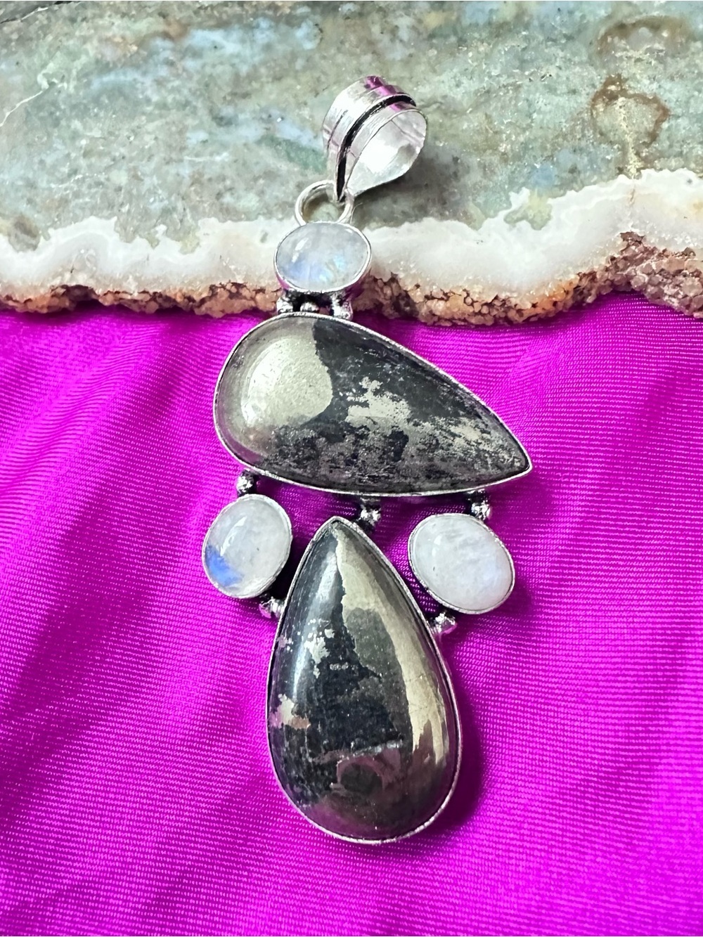 Artisan Silver Pyrite and Moonstone Teardrop Pendant - Silver, White